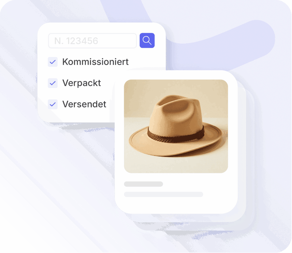 Darstellung eines Versandprozesses in Xentral ERP: Artikelnummer, Kommissionierung, Verpackung und Versand eines Produkts (Hut).