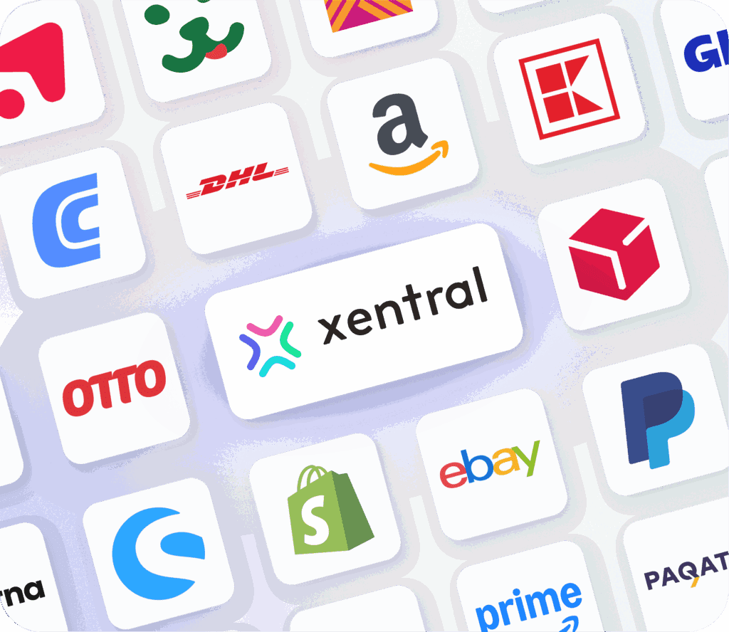 Xentral ERP Integrationen: Logos von Amazon, eBay, Shopify, PayPal, DHL, OTTO und weiteren Partnern.