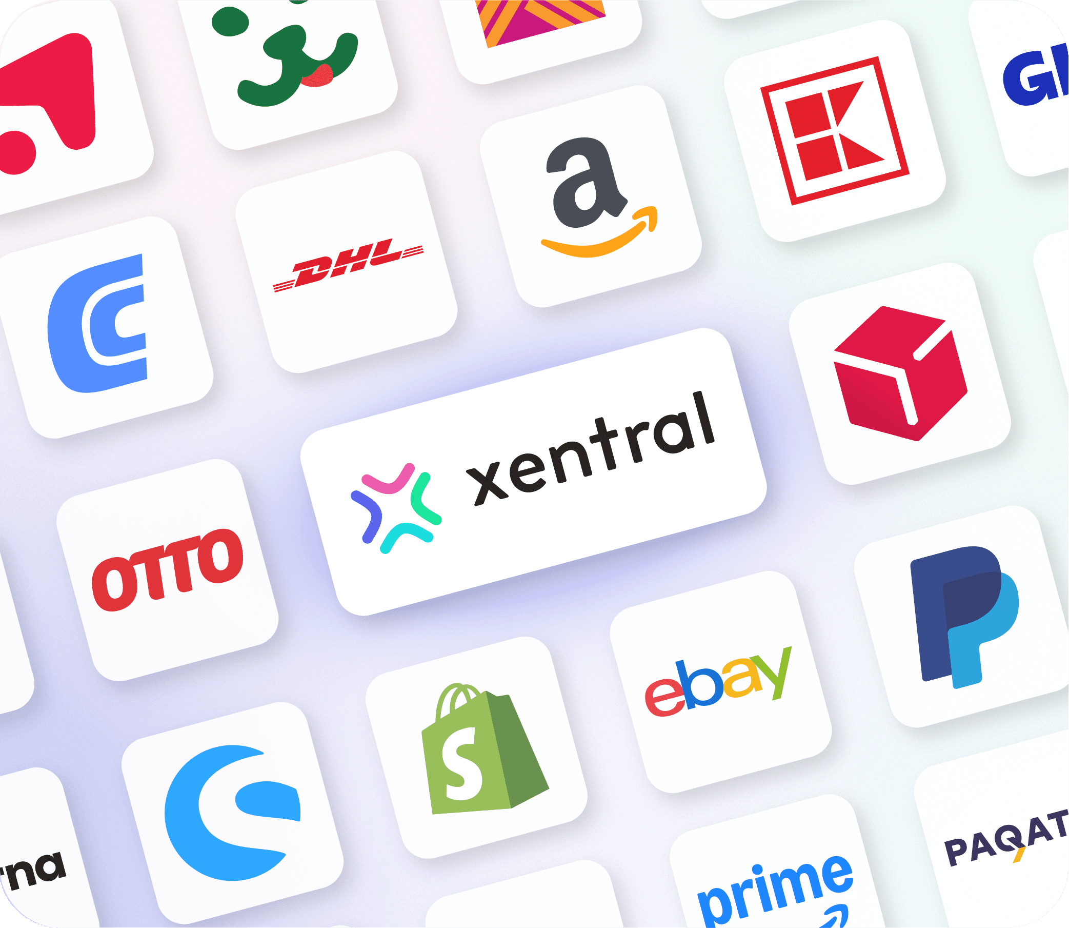 Xentral ERP Integrationen: Logos von Amazon, eBay, Shopify, PayPal, DHL, OTTO und weiteren Partnern.